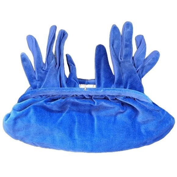 Beautiful Colbat Blue Velvet and Gold Accent Clutch Purse with Matching Gloves - Picture 16 of 16